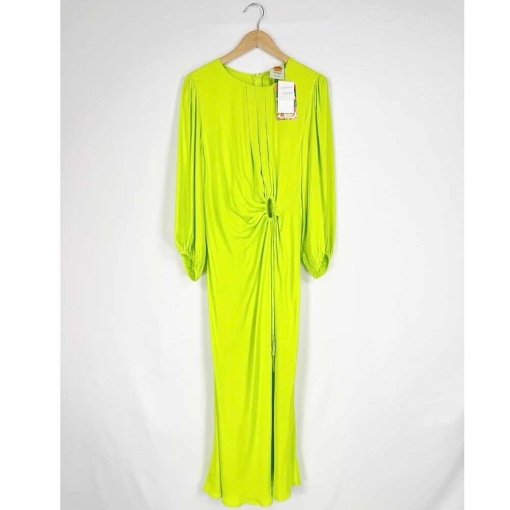 Farm Rio Womens Satin Circle Cut Out Viscose Midi Dress Size Large Lime - Picture 2 of 16